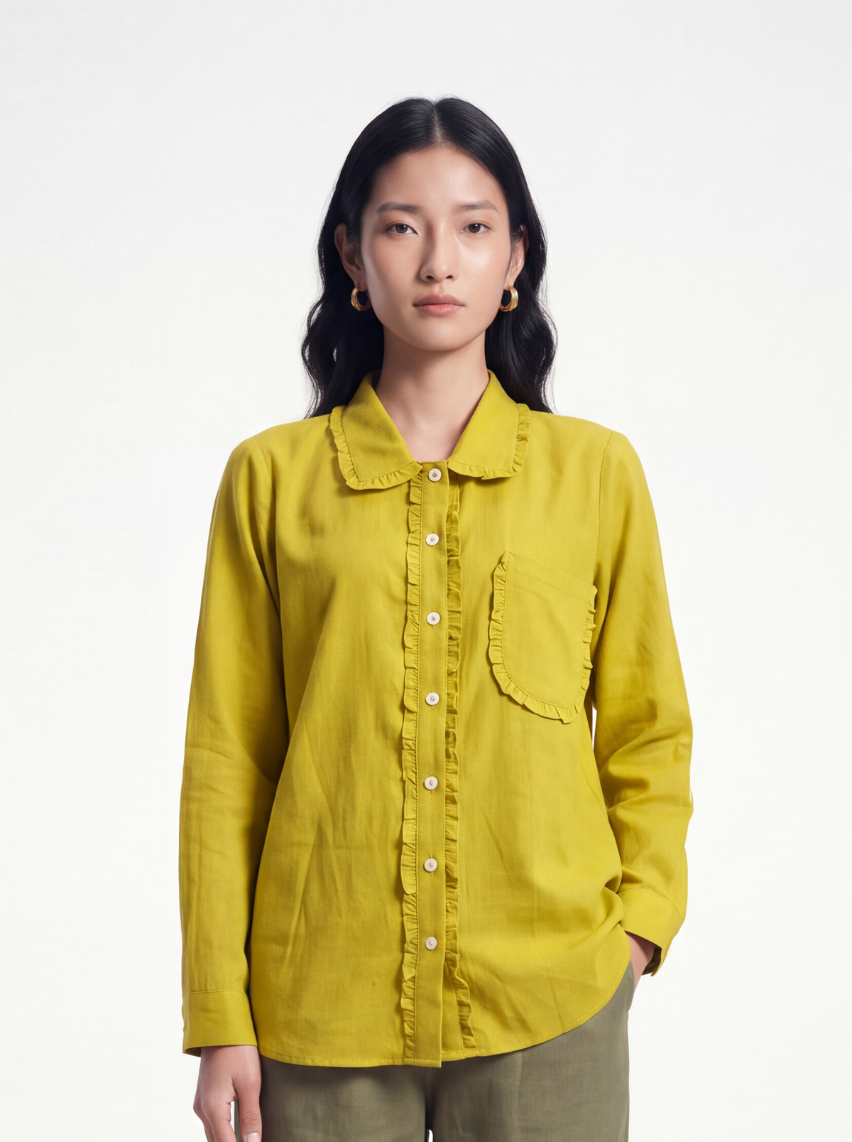 Chartreuse Linen Ruffle Shirt
