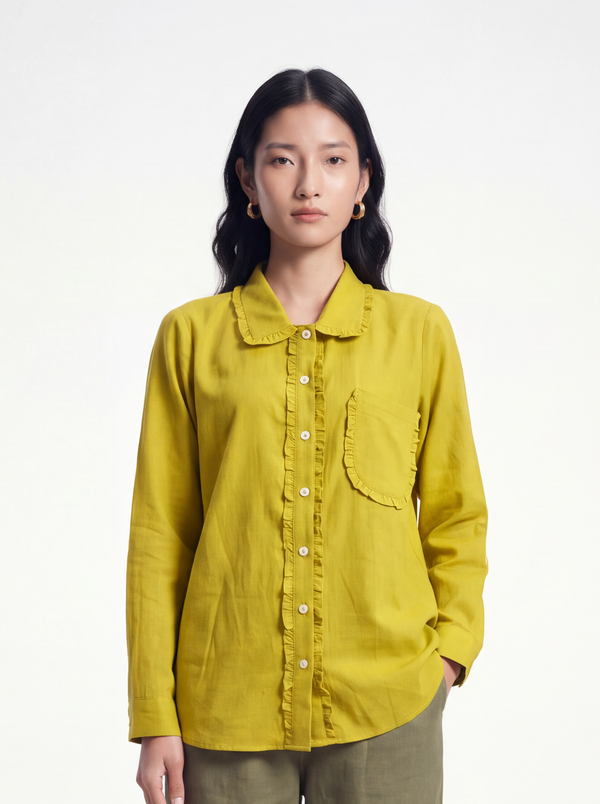 Chartreuse Linen Ruffle Shirt