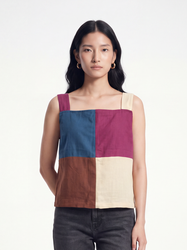Colour-Block Linen Strap Top