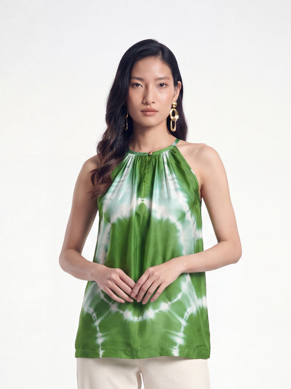 Green Satin Tie-Dye Halter Top
