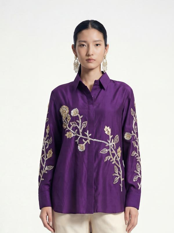 Female model wearing VUNN Parinda Shirt — deep purple silk shirt with gold zardozi-style hand-embroidered branch and floral motifs